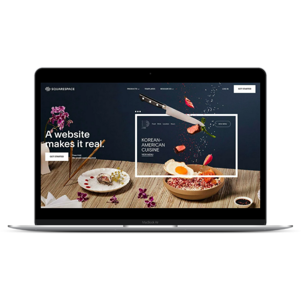 a laptop with the squarespace homepage on the screen
