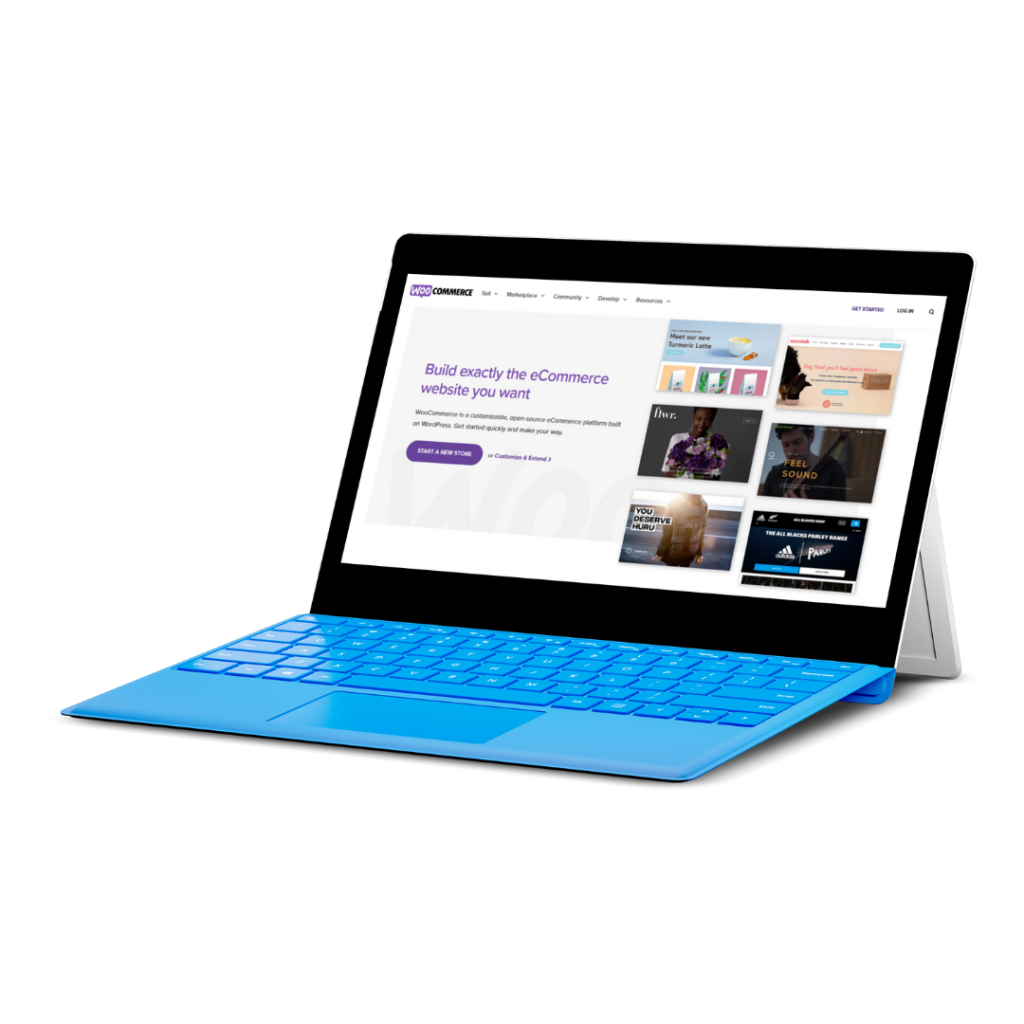 Laptop with the WooCommerce homepage on the screen